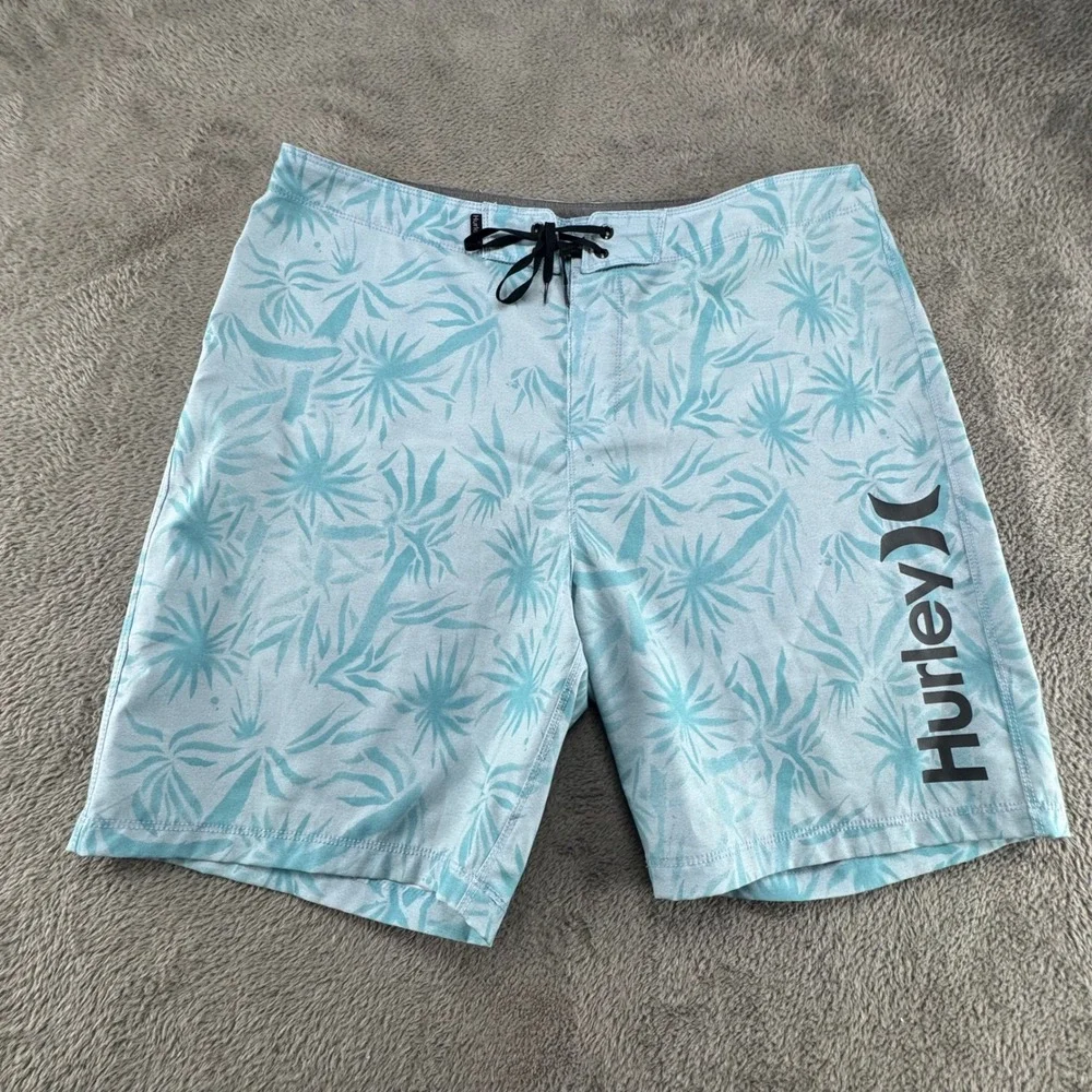 Hurley Board Shorts Mens 36 Blue Excellent Tropical Palm Leaf Print‎ Swim Trunks